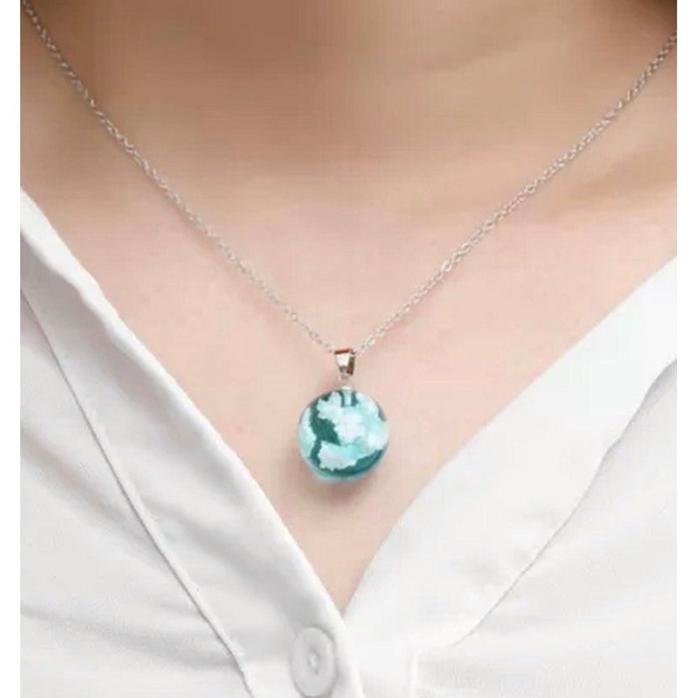 Silver Chain Blue Resin Cloud Tear Drop Pendant Necklace. Glow in the Dark.